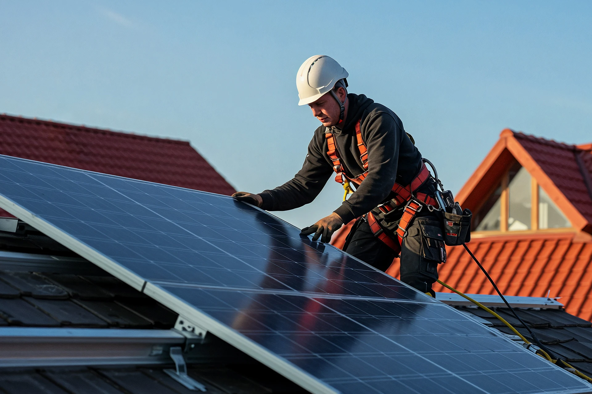 Un technicien portant un casque et un harnais de sécurité procède à la pose de panneaux solaires photovoltaïques sur un toit à Vichy par l'entreprise Charnet Électricité Générale.