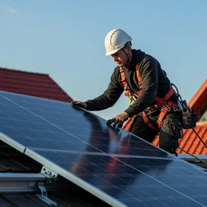 Un technicien portant un casque et un harnais de sécurité procède à la pose de panneaux solaires photovoltaïques sur un toit à Vichy par l'entreprise Charnet Électricité Générale.